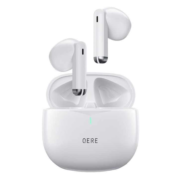 QERE® E28 vezeték nélküli fülhallgató, érintésvezérlés, Bluetooth 5.3, 6 órás autonómia, vízálló, univerzális, fehér