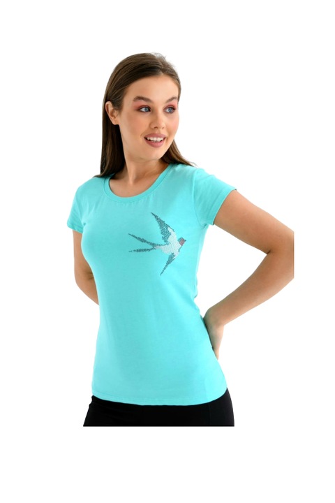 Tricou bumbac, cu pietricele, turcoaz, model Swallow