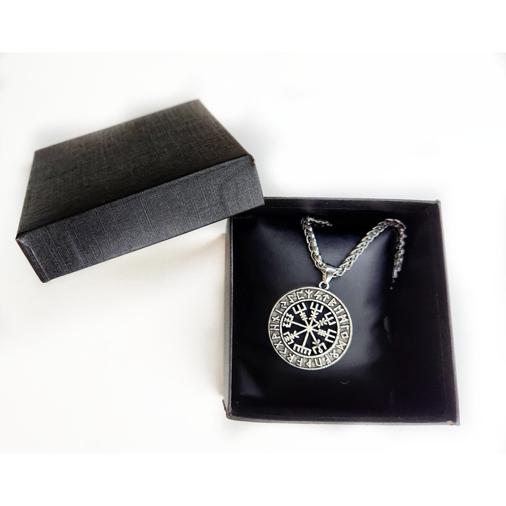Lánc és medál készlet viking jelvényekkel, Metál ezüst, 60 CM