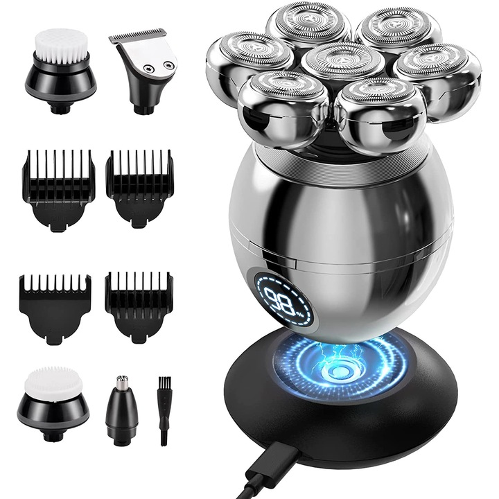 Aparat de ras electric 7D cu cap rotativ, 6 in 1, rezistent la apa, umed si uscat, cu afisaj LCD, reincarcabil, multifunctional, pentru cap si fata
