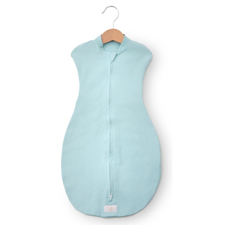 Sistem de infasare Tesoro Bebe, model saculet, fermoar cu dublu cursor + caciulita, 0-3luni, bumbac premium, baby blue