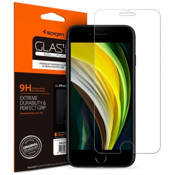 Apple iPhone 7 / 8 / SE (2020) / SE (2022), Kijelzővédő fólia, ütésálló fólia (az íves részre is!), Tempered Glass (edzett üveg), tok barát, Spigen Glastr Slim HD, Clear (S48929)