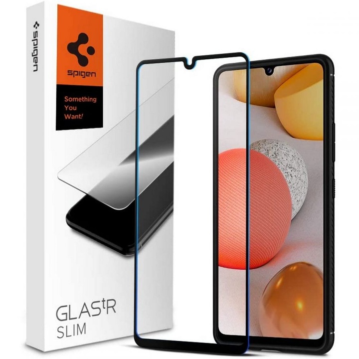 Samsung Galaxy A42 5G / M42 5G SM-A426B / M426B, Kijelzővédő fólia, ütésálló fólia (az íves részre is!), Tempered Glass (edzett üveg), 3D Full Cover, Spigen Glastr Slim Full Cover, fekete (110371)