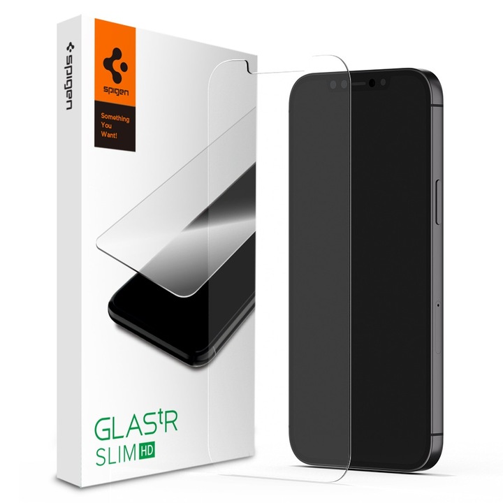 Apple iPhone 13 / 13 Pro / 14, Kijelzővédő fólia, ütésálló fólia (az íves részre is!), Tempered Glass (edzett üveg), Spigen Glastr Slim HD, Clear (S59275)