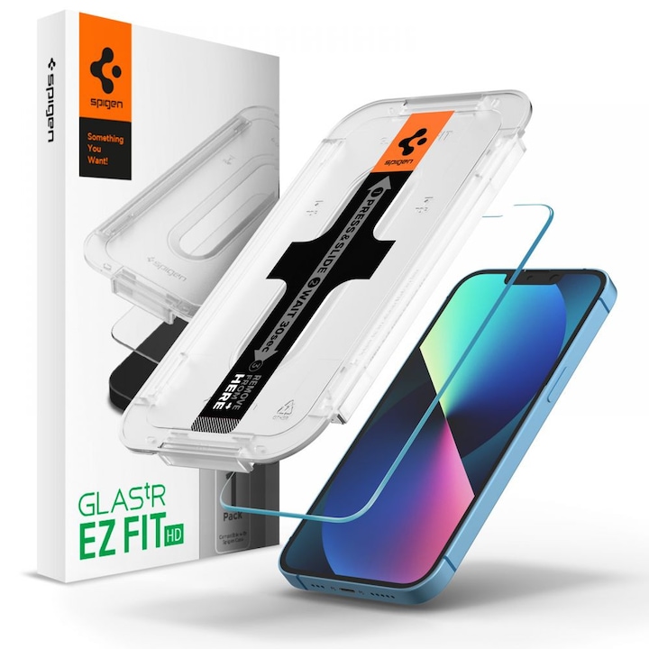 Apple iPhone 13 / 13 Pro / 14, Kijelzővédő fólia, ütésálló fólia (az íves részre is!), Tempered Glass (edzett üveg), Spigen Ez Fit HD, Clear (110358)