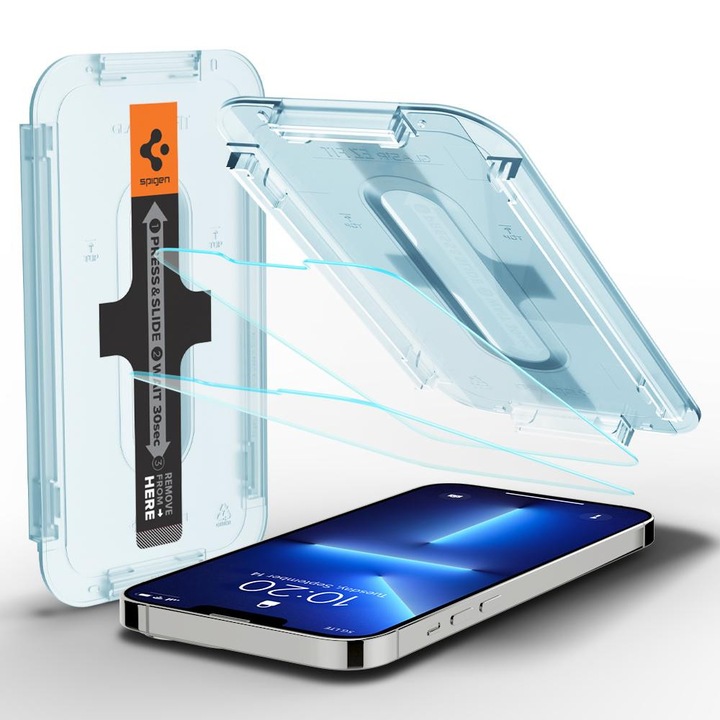 Apple iPhone 13 / 13 Pro / 14, Kijelzővédő fólia, ütésálló fólia (az íves részre is!), Tempered Glass (edzett üveg), Spigen Ez Fit, Clear, 2 db / csomag (S59273)
