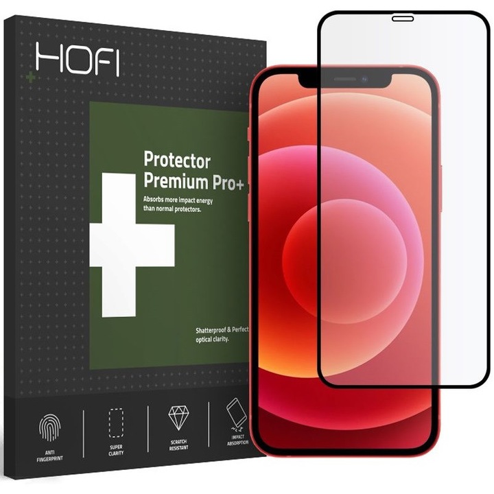 Apple iPhone 12 / 12 Pro, Kijelzővédő fólia, ütésálló fólia (az íves részre is!), Tempered Glass (üveg), Glass Full Pro Plus, fekete (97940)