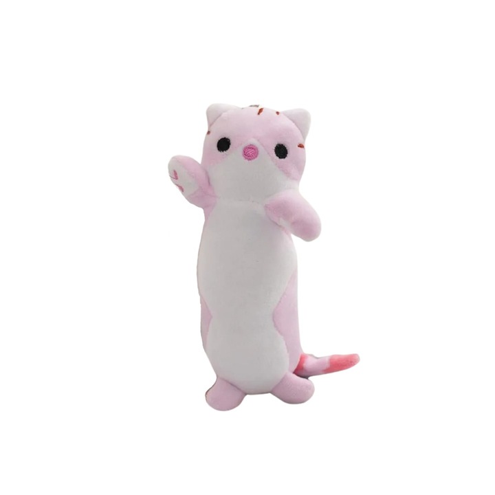 Плюшена играчка котка, Ключодържател, Розов / Бял, 16 см