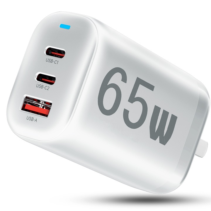 Мрежово зарядно устройство, 3 порта, 65 W Fast Charge - Type-C, 18 W Fast Charge - USB, EU, UK, AU и US Plug, Съвместимо с лаптоп, телефон, Iphone, Huawei, Samsung, бял