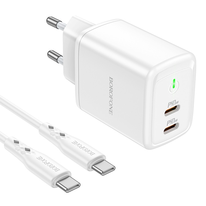 Мрежово зарядно устройство Borofone QC 3.0 BN9 Reacher PD 35W 2 x USB-C + Type C - Включен кабел Type C (PD/PPS/QC/AFC/FCP) - Бял