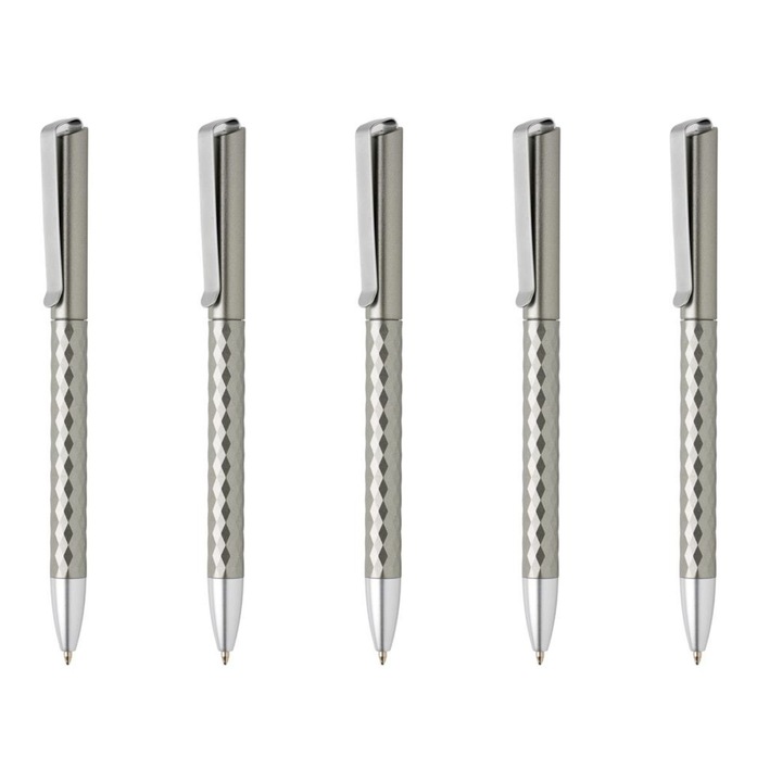 Комплект химикалки X3.1, Ronic, 5 бр., модел с форма на диамант, метална щипка, немски Dokumental, 14 см, сиви