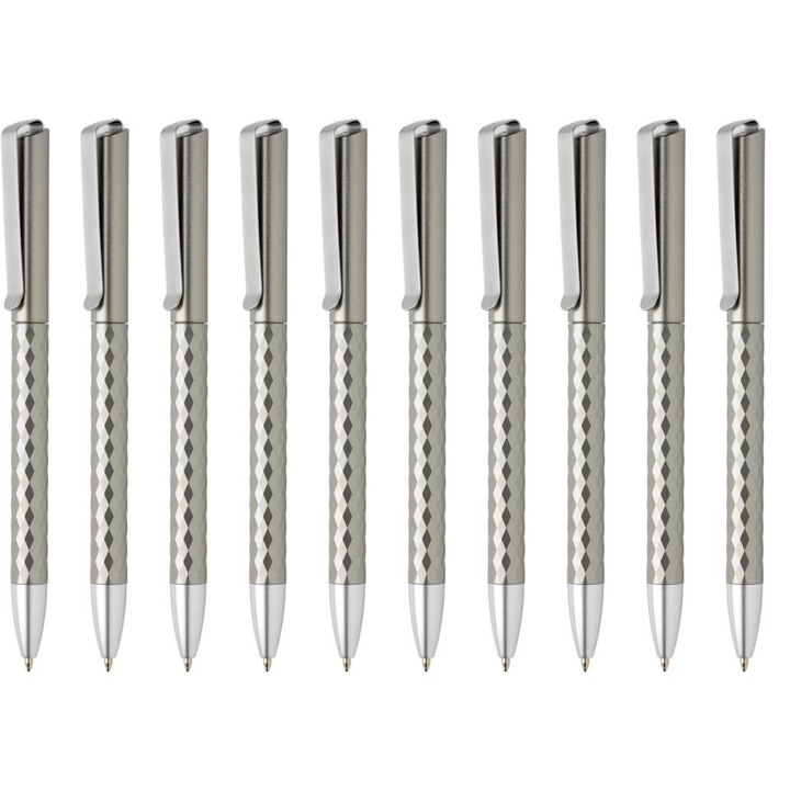 Комплект химикалки X3.1, Ronic, 10 бр., модел с форма на диамант, метален клипс, немски Dokumental, 14 см, сиви