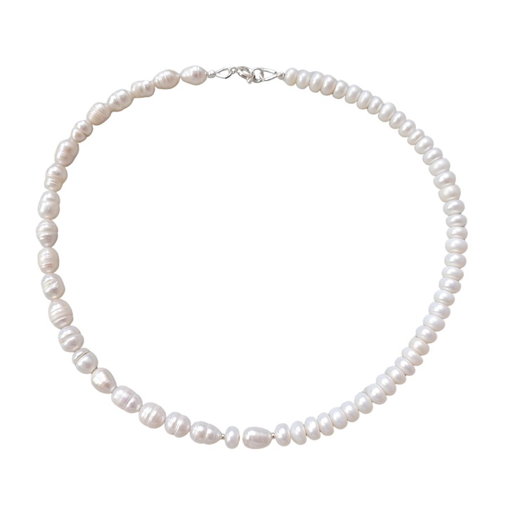 Колие от неправилни култивирани перли и дискови перли със сребърни аксесоари