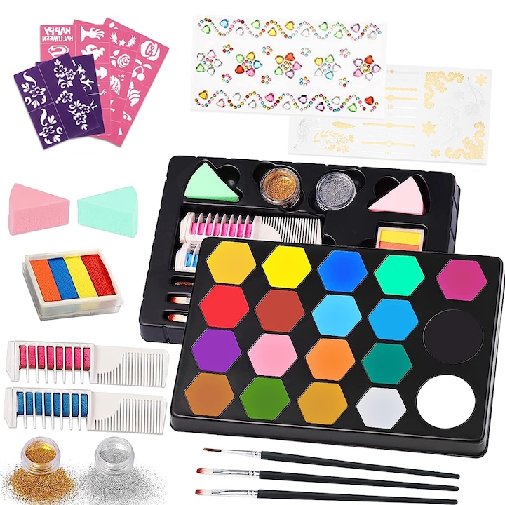 Set profesional pictura pe fata si corp ePictura, copii si adulti, 19 culori, 3 pensule, mini-paleta pictura copii inclusa, sabloane reutilizabile, recipiente sclipici, non-toxic, 3 ani +