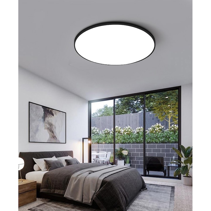 Plafoniera LED Moderna, VisionHub®, Clasa Enegetica A ultra subtire 2cm, pentru interior, in forma rotunda, tri-proof, 38W, lumina alba rece 6500k, diametru 40cm, Negru mat