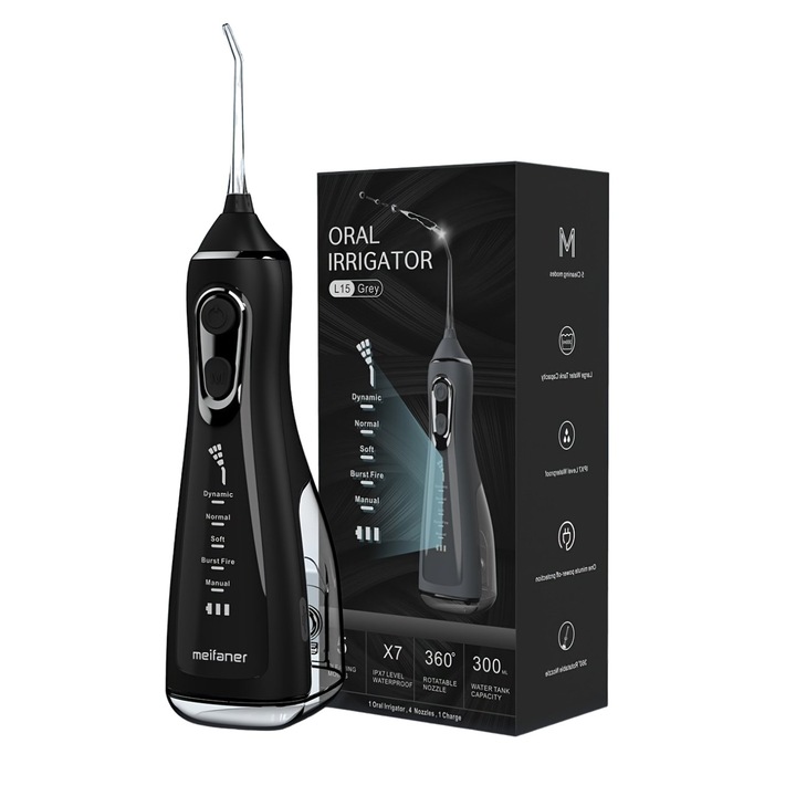 Иригатор за устна кухина, тип орален душ с 5 режима на работа, преносим, 1600-1800 пулсации/мин, IPX7, резервоар 300 ml, включени глави, черен
