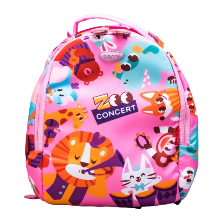 Раница за детска градина Daco, размери 30x24x11 см, модел Zoo Concert, регулируеми гъбени презрамки, материал полиестер, розов цвят