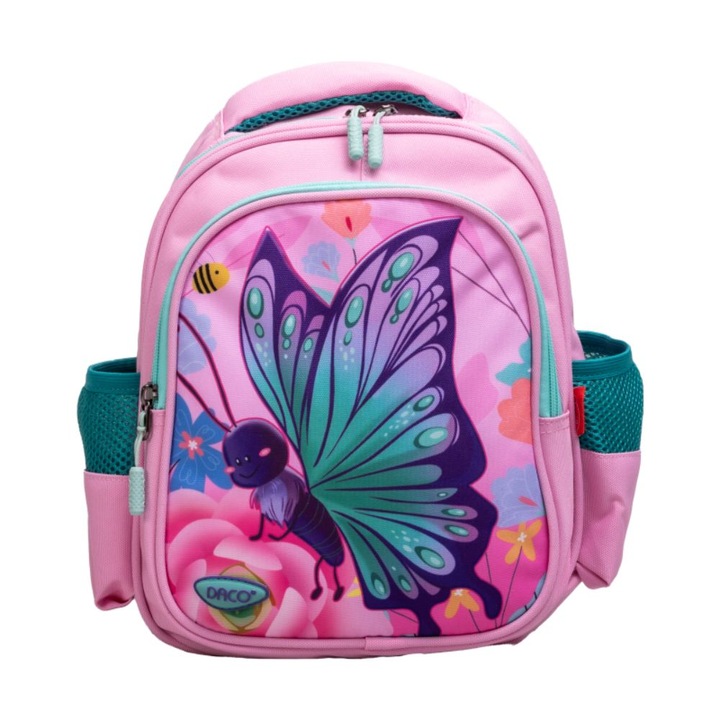 Daco óvodai hátizsák, méret 30x24x11 cm, pillangó modell, állítható pántok szivaccsal, poliészter anyag, rózsaszín színű