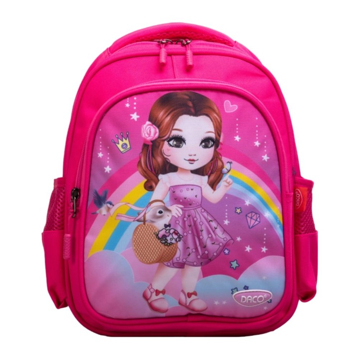 Daco óvodai hátizsák, méret 30x24x11 cm, Princess modell, állítható pántok szivaccsal, poliészter anyag, rózsaszín színű