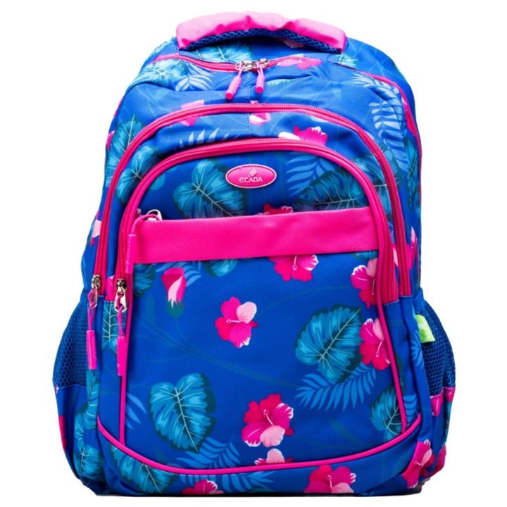 Ecada iskolai hátizsák, méret 46x32x18 cm, állítható pántok és négy cipzár, poliészter anyag, kék/piros színű