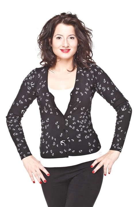 Pulover subtire tip Cardigan, Negru cu model alb, S-L, DyStyle