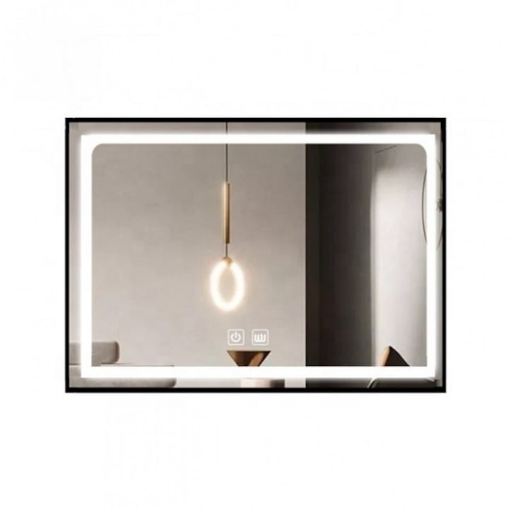 Oglinda Led Si Touch Cu Functie Dezaburire, Rama Aluminiu Negru Mat, 80X 60 Cm