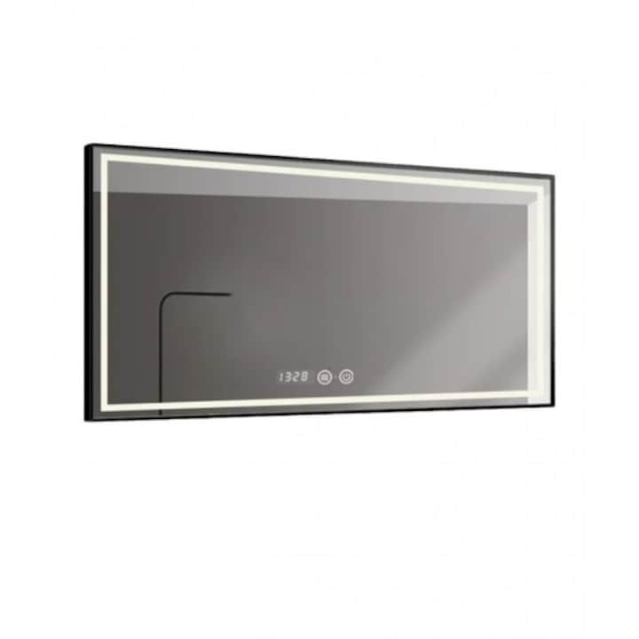 Oglinda Led Si Touch Cu Functie Dezaburire Si Ceas, Smack, Rama Negru Mat, 100x65cm