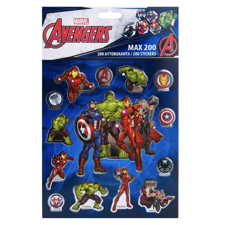 Set de autocolante si stickere Avengers, continand 200 de bucati, cu dimensiuni si modele variate