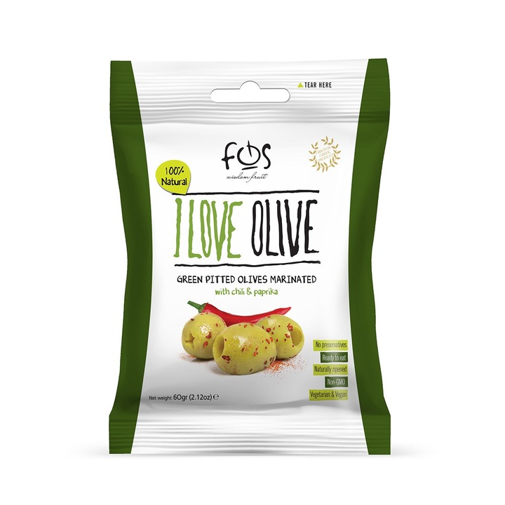 Masline verzi fara samburi marinate cu chili si paprika 60gr FOS