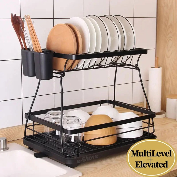 Scurgator, picurator vase chiuveta etajat, inalt, cu suport tacamuri, tava si tub de scurgere rotativ, negru, 43x31x37cm, Callena