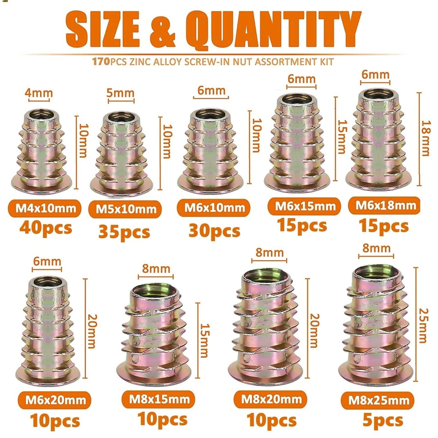 170 dbos anya készlet, hatlapfejű, M4 M5 M6 M8, cink ötvözet, fához