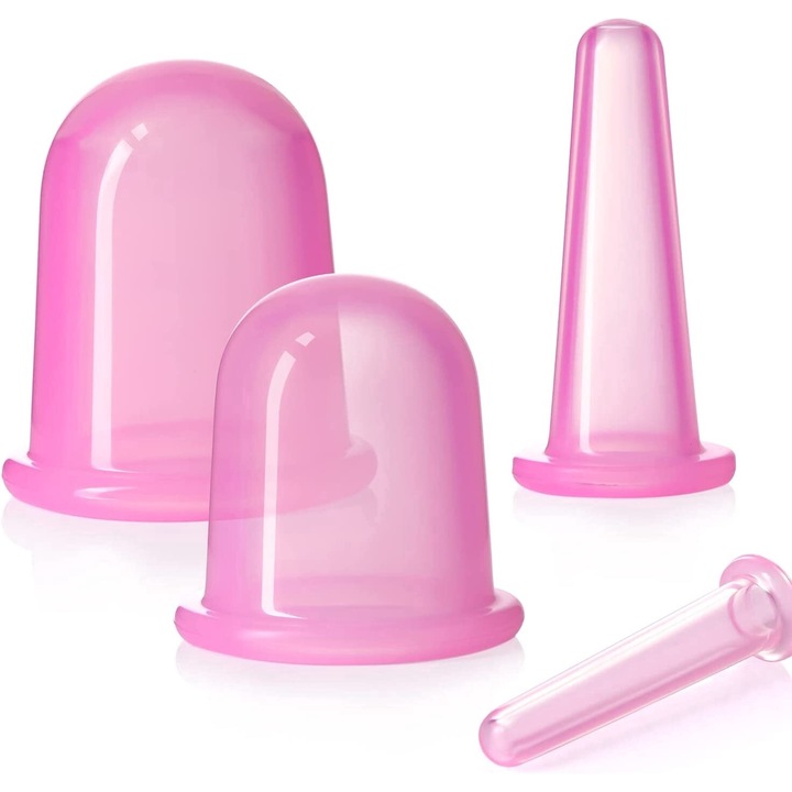Set 4 bucati Ventuze, Marimi Diferite, pentru Masaj Terapeutic Anticelulitic cu Vaccum, Profesionale, Roz, PVC, CBD CORAL BEST DEALS 4x ventuze