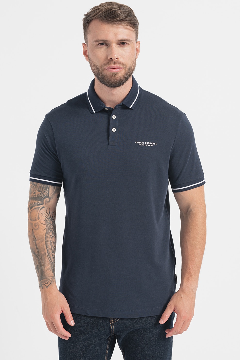 ARMANI EXCHANGE, Tricou polo cu detalii contrastante, Bleumarin, 2XL