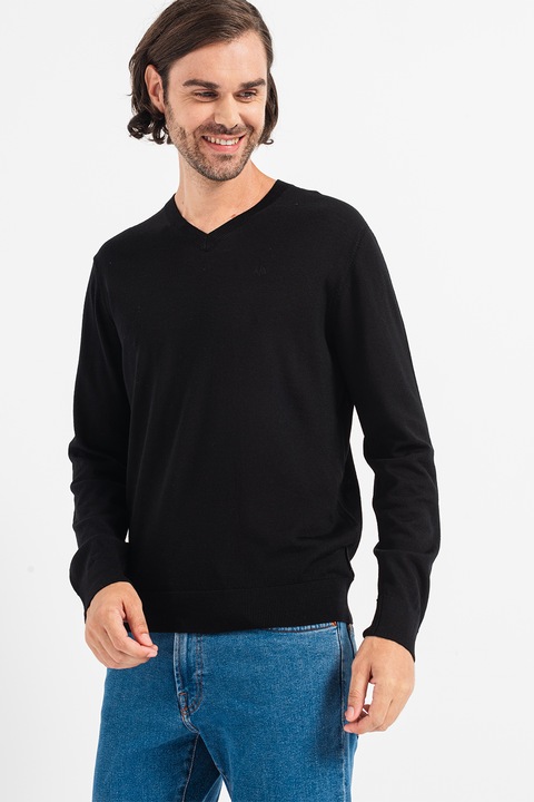 ARMANI EXCHANGE, V-nyakú szűzgyapjú pulóver, Fekete