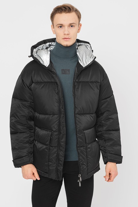 ARMANI EXCHANGE, Kapucnis bélelt télikabát steppelt dizájnnal, Fekete