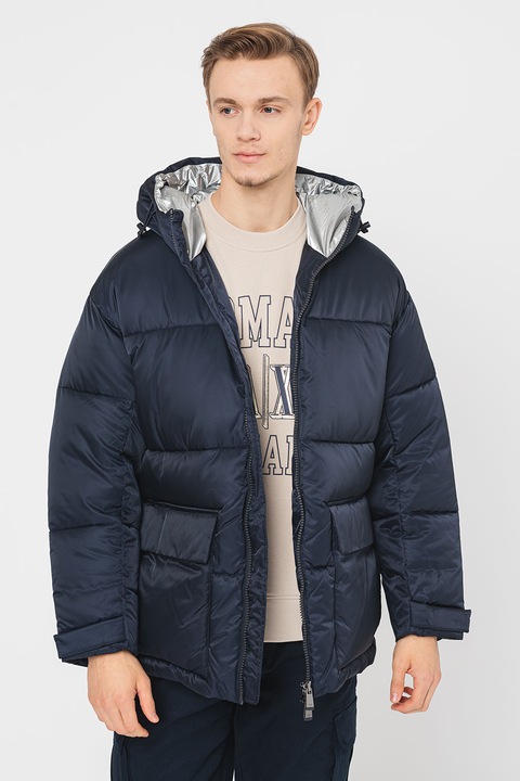 ARMANI EXCHANGE, Kapucnis bélelt télikabát steppelt dizájnnal, Tengerészkék