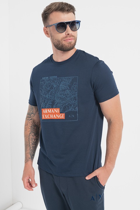 ARMANI EXCHANGE, Памучна тениска с щампа отпред, Ултрамарин синьо