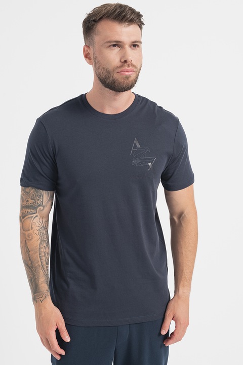 ARMANI EXCHANGE, Тениска с овално деколте и лого, Тъмносин