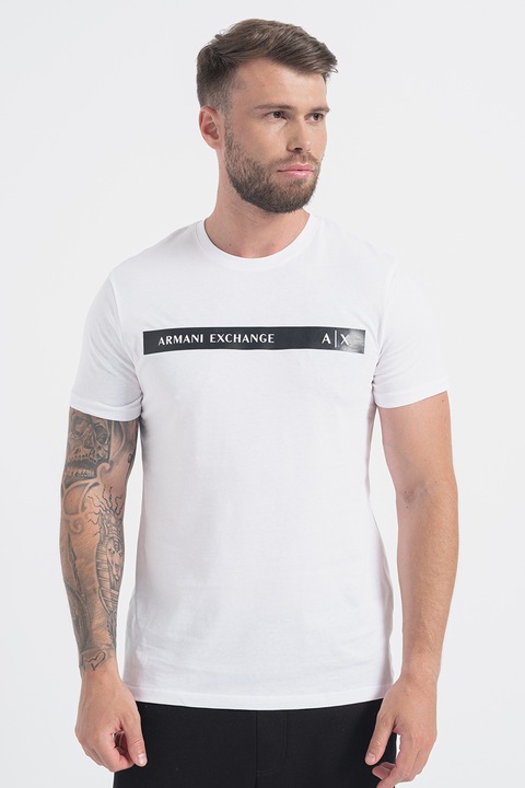 ARMANI EXCHANGE, Памучна тениска с лого, Бял