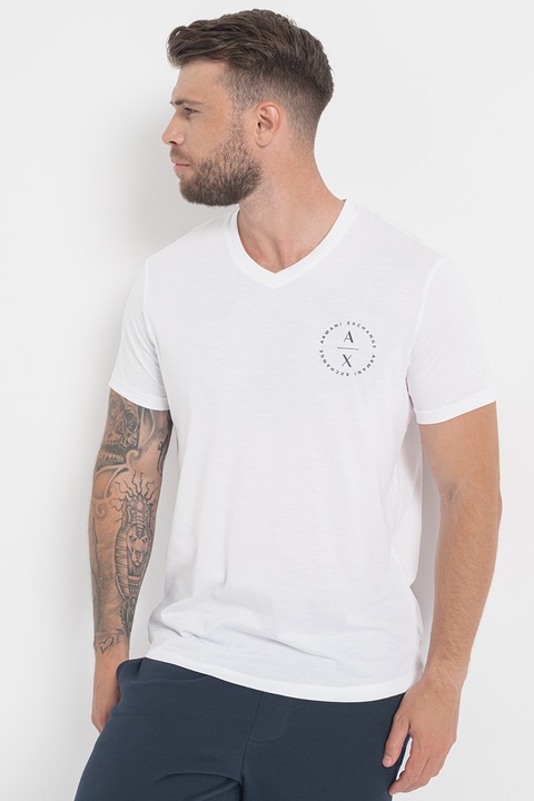 ARMANI EXCHANGE, Тениска с шпиц и лого, Бял