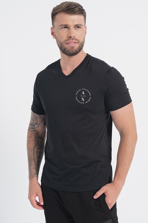 ARMANI EXCHANGE, Тениска с шпиц и лого, Черен