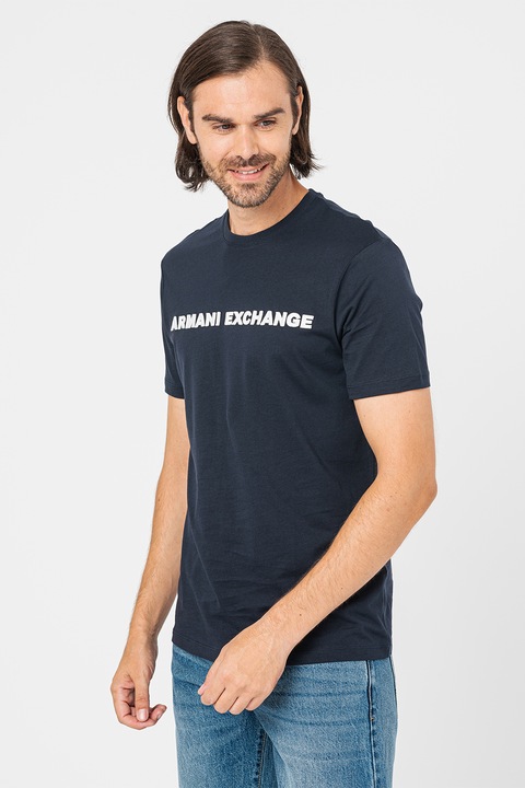 ARMANI EXCHANGE, Тениска с овално деколте и лого, Тъмносин, M