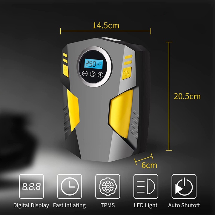 Compresor auto digital 3 in 1, Zggzerg, Include 4 accesorii, Cu lumina LED, DC 12V, Putere 120W, Portabil, Cablu de alimentare 3m, Oprire automata, Potrivit pentru anvelope de masina, baloane si alte echipamente gonflabile, Negru/Gri