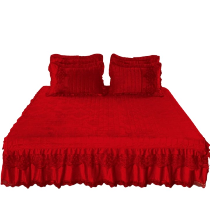 Cuvertura si 2 fete de perna, Catifea Lux si Volanase, Uni, 3 piese, 2 persoane, 180x200cm, Rosu