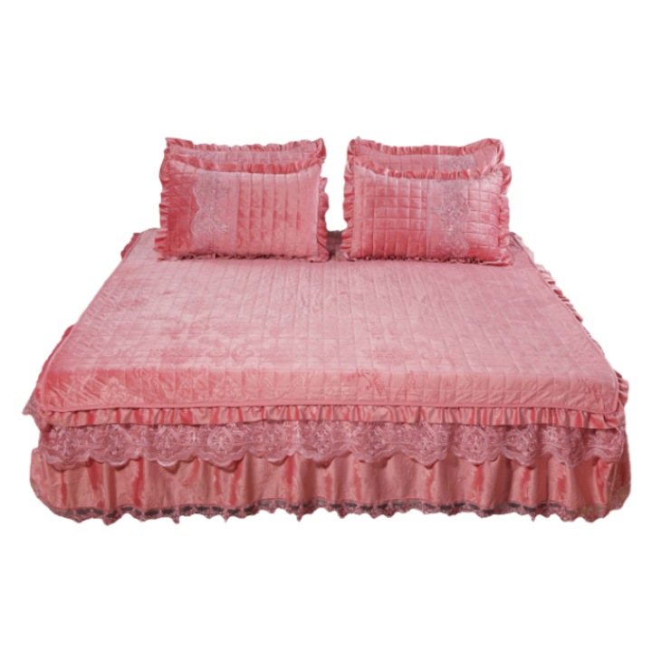 Cuvertura si 2 fete de perna, Catifea Lux si Volanase, Uni, 3 piese, 2 persoane, 180x200cm, Roz