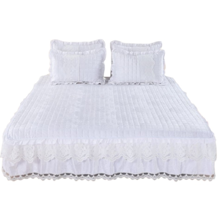 Cuvertura si 2 fete de perna, Catifea Lux si Volanase, Uni, 3 piese, 2 persoane, 180x200cm, Alb