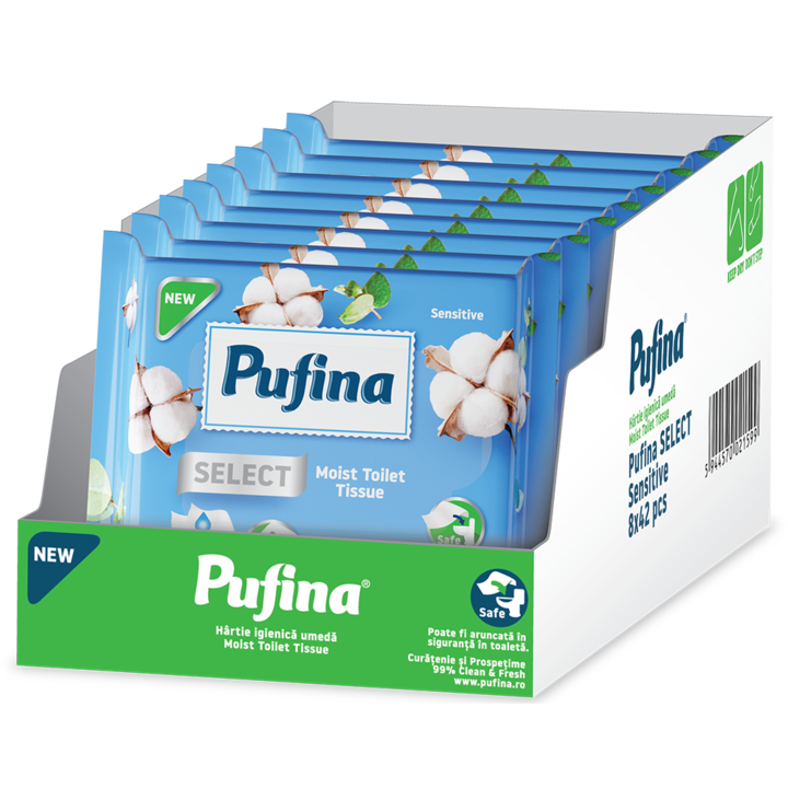 Hartie igienica umeda Pufina Select Sensitive, 8 pachete, 42 bucati