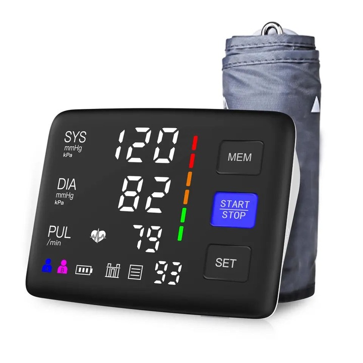 Alphamed U81Q Digitális vérnyomásmérő, megvilágított képernyővel, 2 x 90 memória, automatikus leállítás, USB Type-C csatlakozó, mandzsetta 22-42 cm, fekete/fehér
