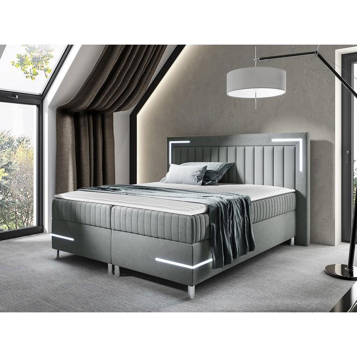 Pat boxspring Suhak 3 LED 200x200, MIRJAN24, gri, 232x211x120 cm