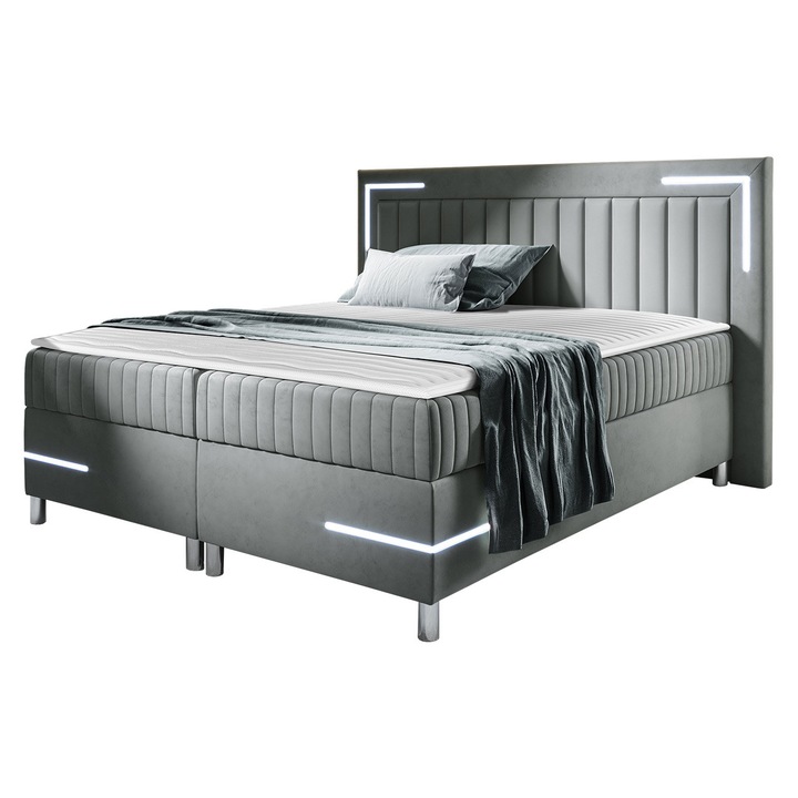 Pat boxspring Suhak 3 LED 200x200, MIRJAN24, gri, 232x211x120 cm